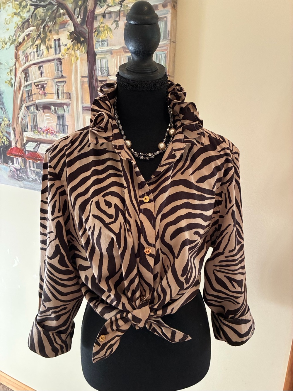 Chaps Zebra-Print Button-Down Shirt in Brown and Black